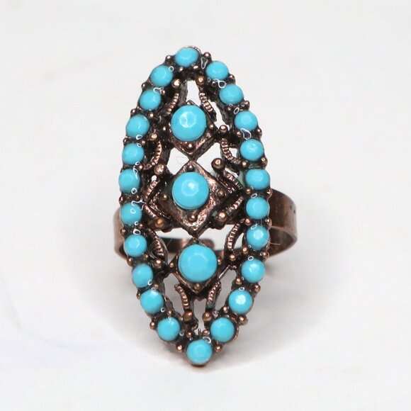 Vintage Antiqued Copper Turquoise Cluster Ring  Bohemian Southwestern Navajo - Picture 3 of 9